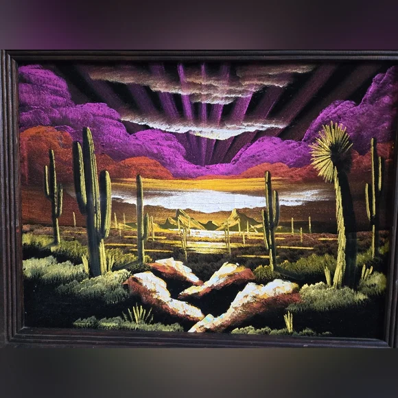 Vintage 60s 70s hand painted framed velvet desert landscape wall art Painting - Picture 2 of 8